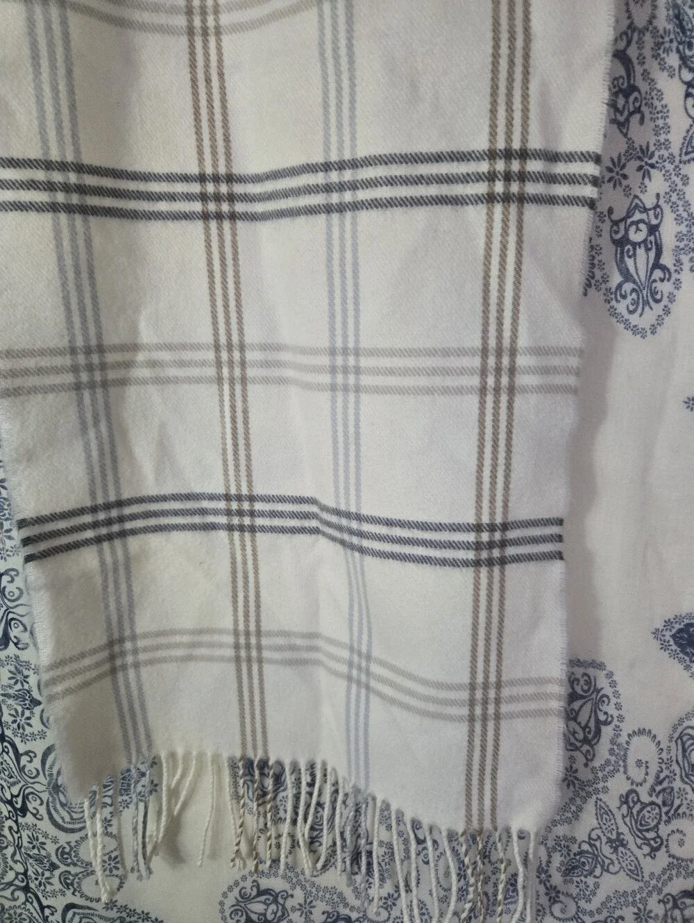 4/$15 Boho Cottagecore Plaid Fringe Scarf Cream Taupe Blue Cozy Oversized Wrap